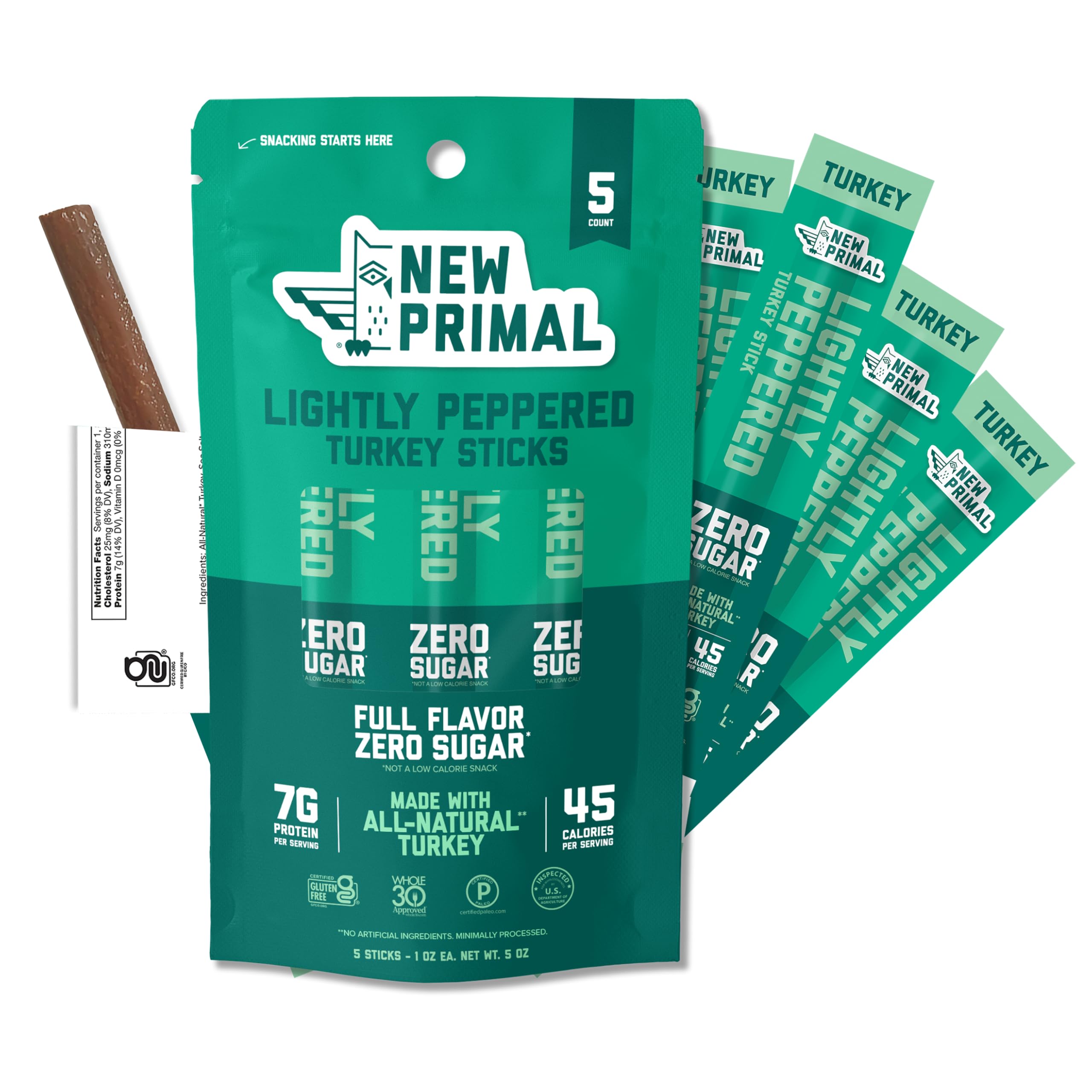 New Primal Lightly Peppered Turkey Sticks hero image highlights portable high-protein snack