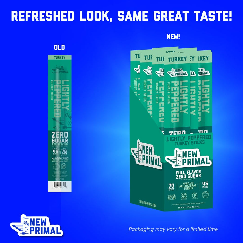 The New Primal Lightly Peppered Turkey Sticks nutrition label highlights 7g protein per stick.