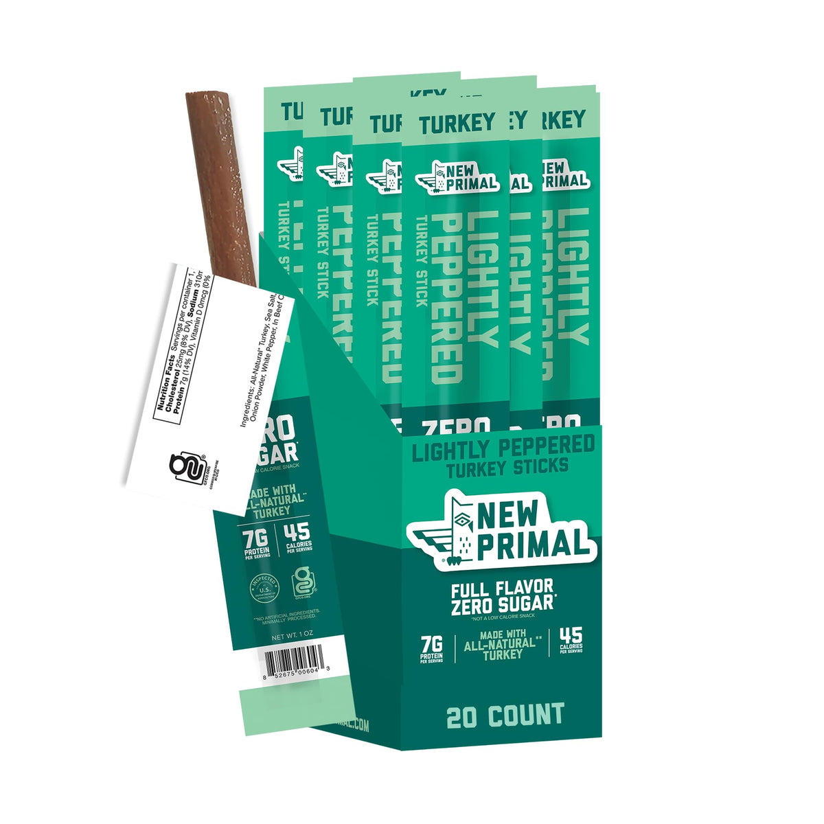 The New Primal Lightly Peppered Turkey Sticks pack front view, portable protein snack.