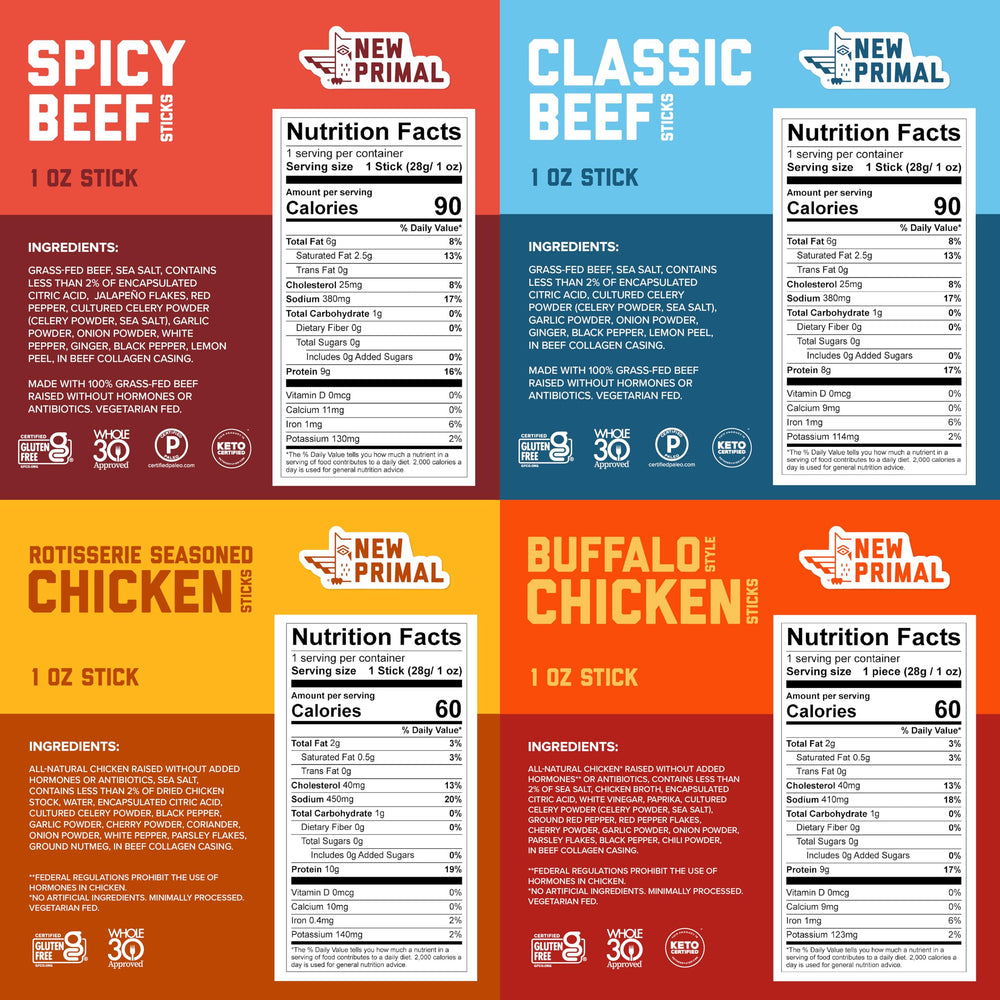 New Primal buffalo chicken sticks with bold, savory bite.