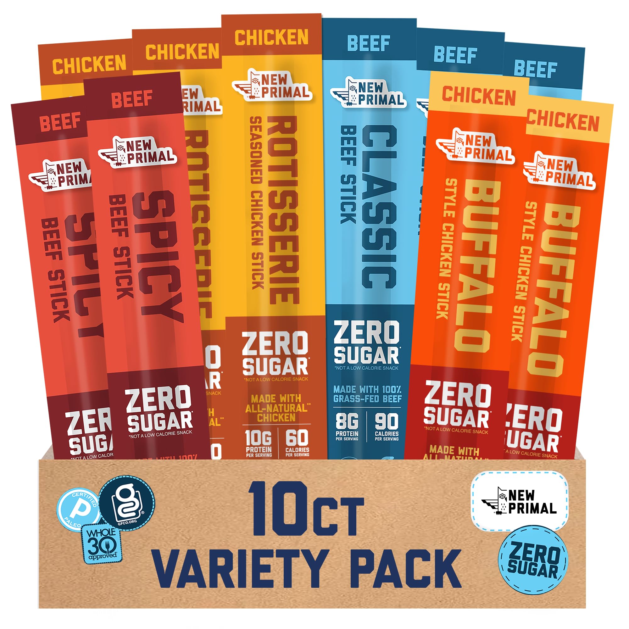 The New Primal meat sticks sampler box featuring rotisserie chicken sticks for convenient, protein-packed snacking.