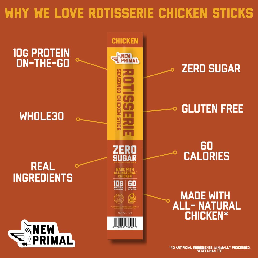 Close-up of New Primal Rotisserie Chicken Stick with seasoned rotisserie flavors