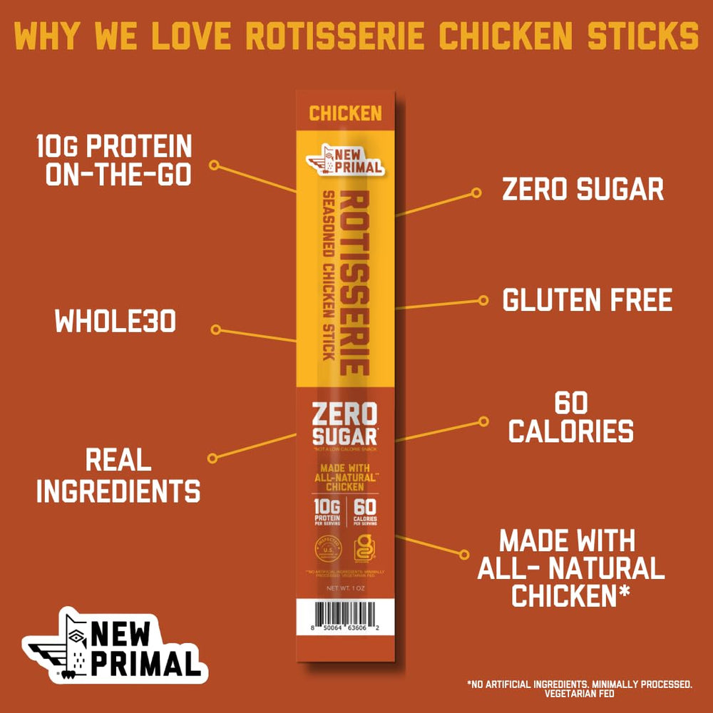Close-up of New Primal Rotisserie Chicken Stick with seasoned rotisserie flavors