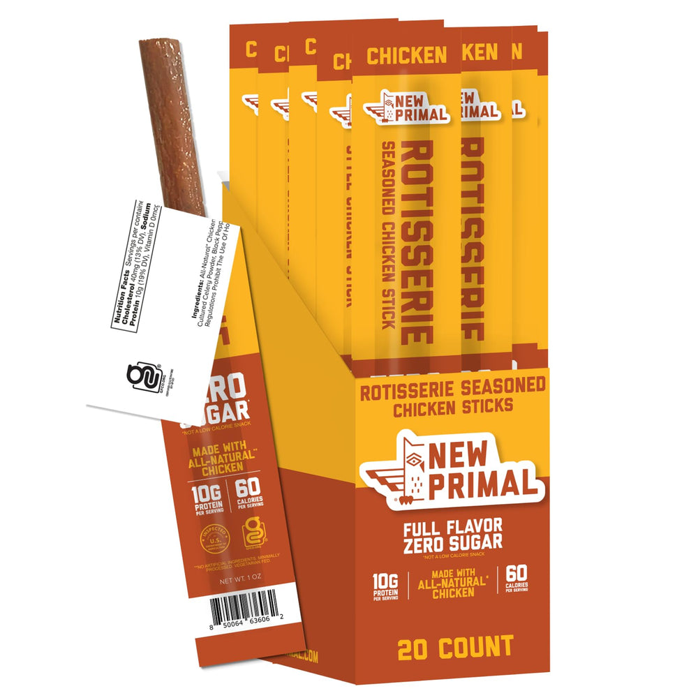 New Primal rotisserie chicken stick close-up, seasoned texture for a protein snack.