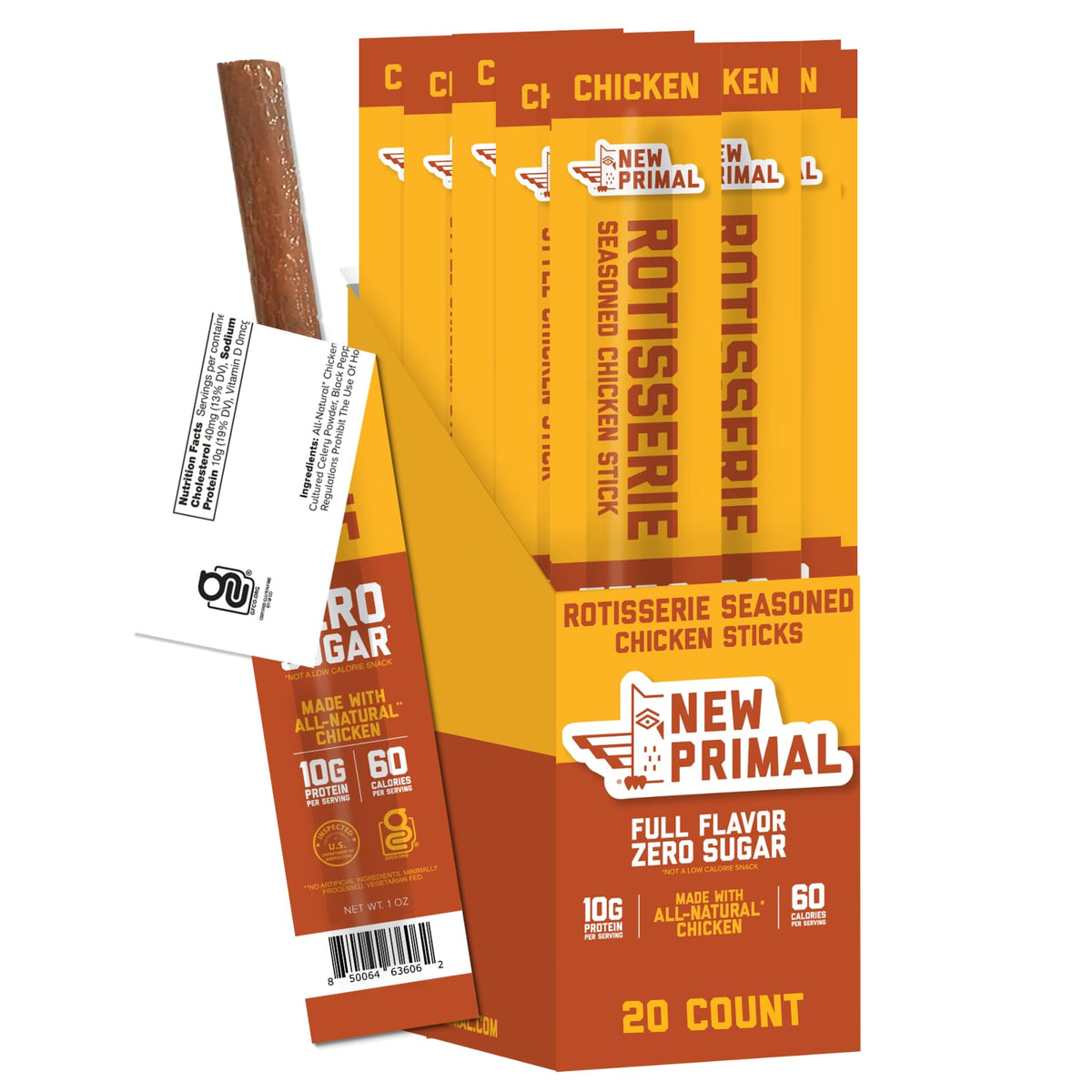 New Primal rotisserie chicken stick close-up, seasoned texture for a protein snack.