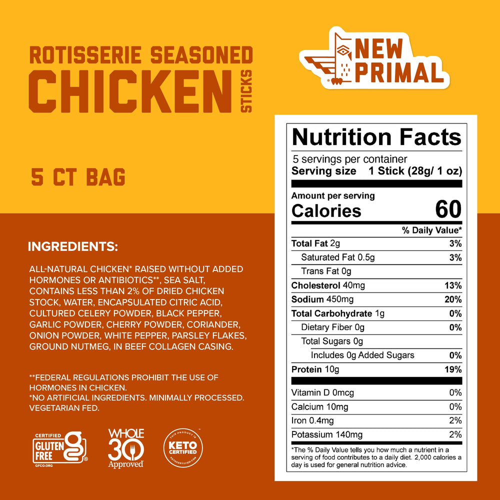 New Primal Rotisserie Chicken Sticks 1oz stick close-up highlighting portable snack.