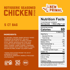 New Primal Rotisserie Chicken Sticks 1oz stick close-up highlighting portable snack.