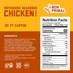 New Primal chicken sticks 20-count pack, convenient on-the-go protein.