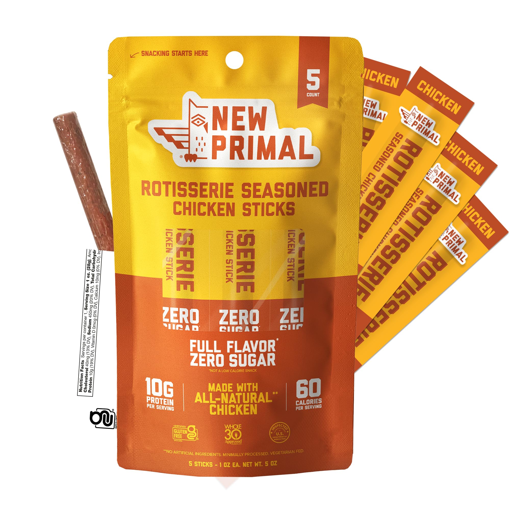 New Primal Rotisserie Chicken Sticks packaging shown, suitable for on-the-go snacking.