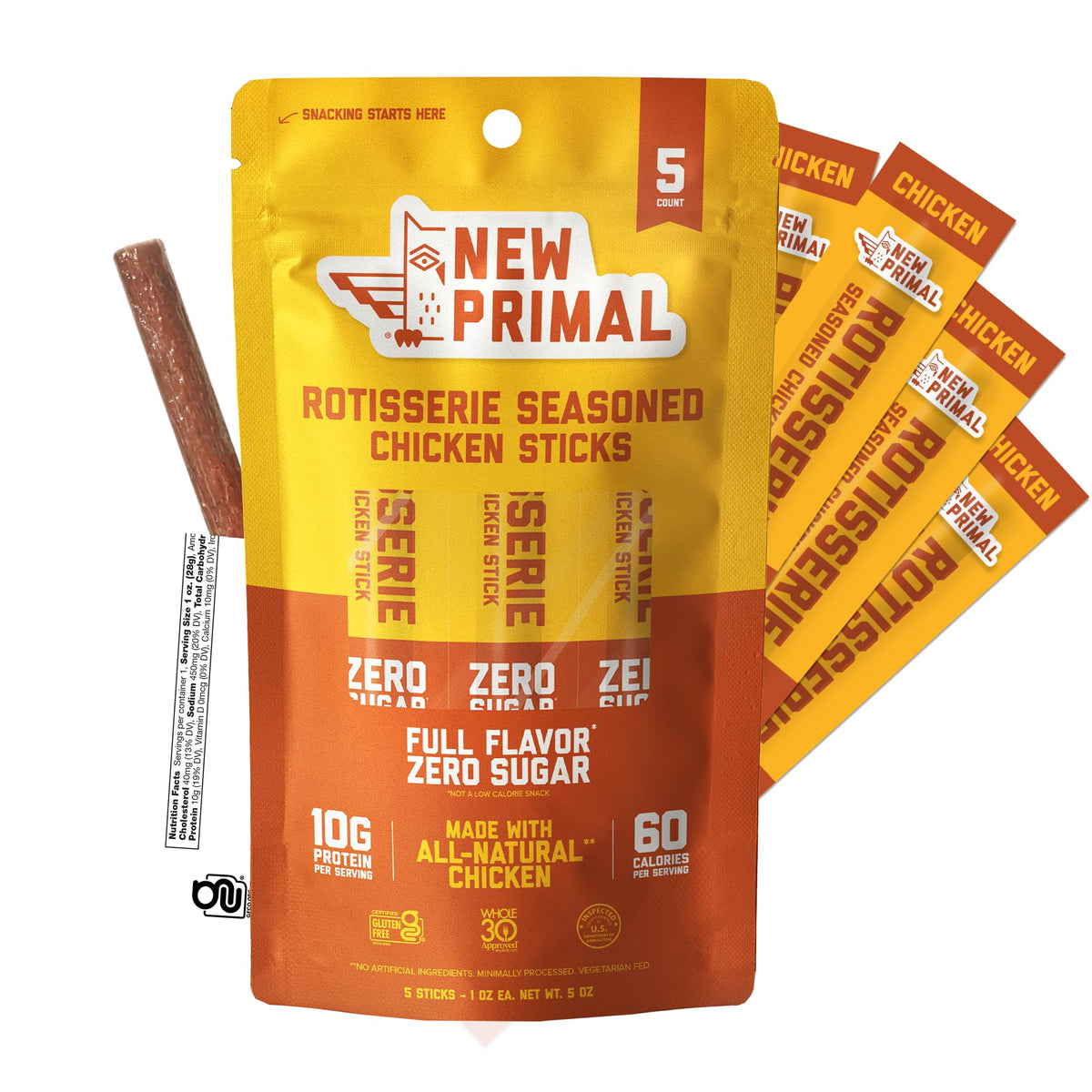 New Primal Rotisserie Chicken Sticks packaging shown, suitable for on-the-go snacking.