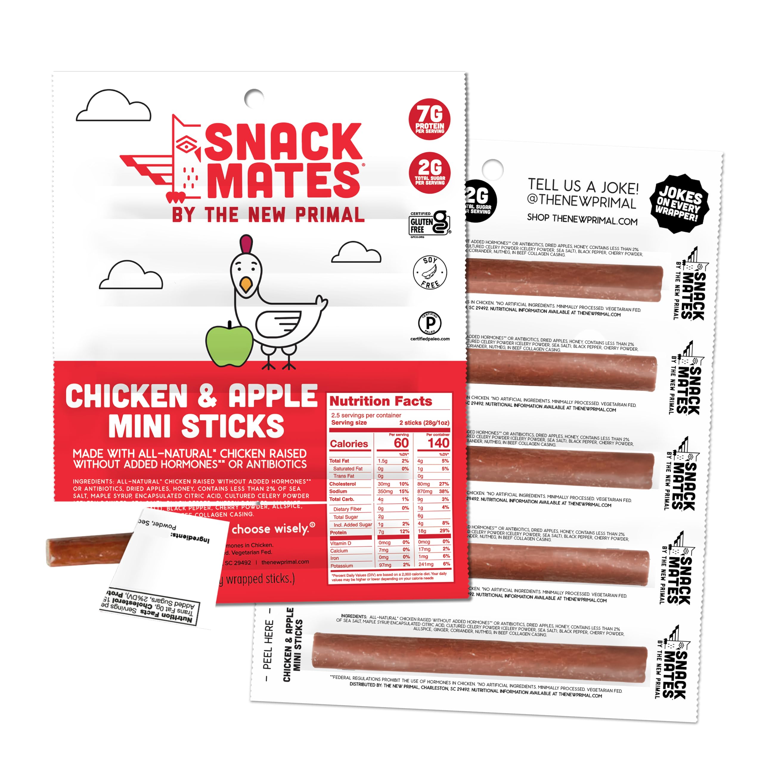 New Primal Snack Mates Chicken Apple Stick in lunchbox for kid-friendly protein.