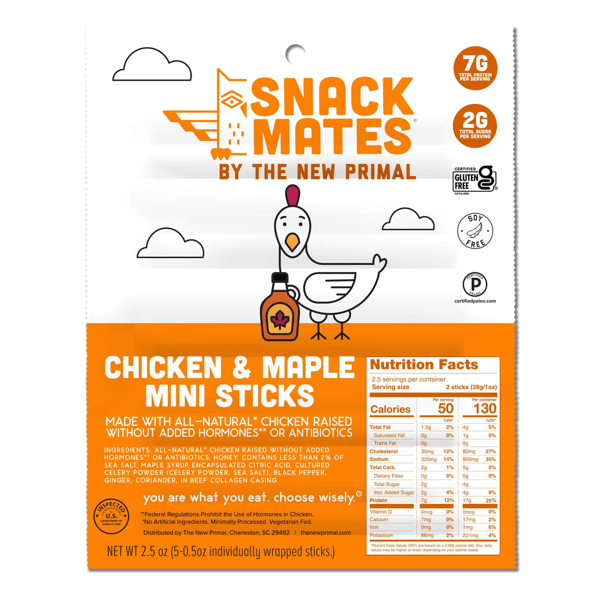 The New Primal Snack Mates chicken maple stick in five-stick bag, protein-packed lunchbox favorite.
