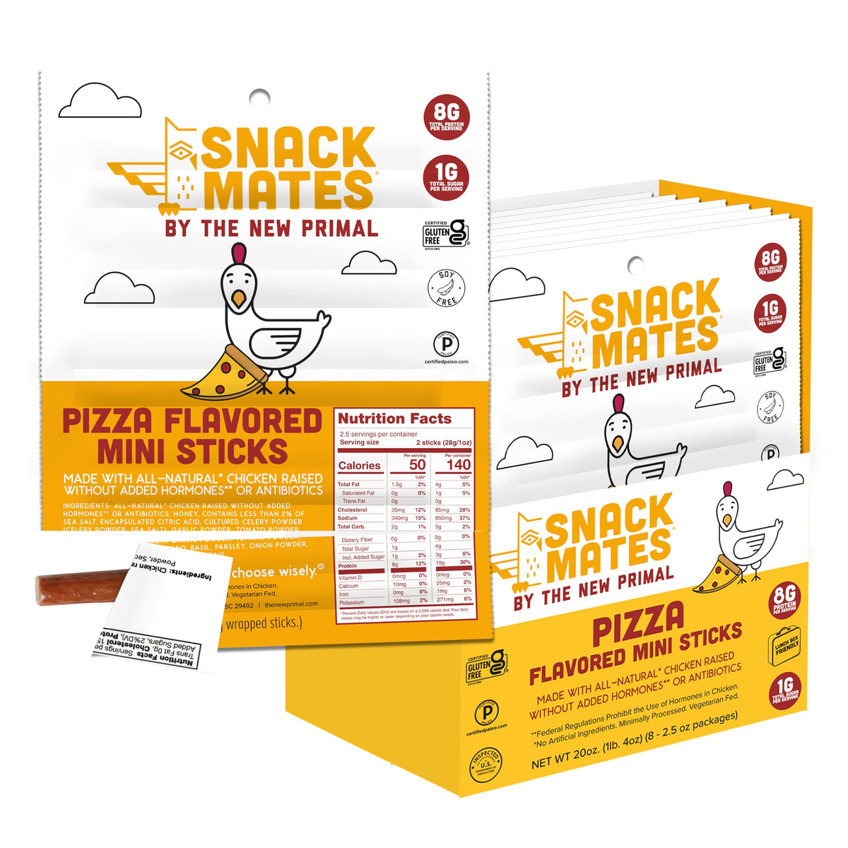 The New Primal Snack Mates Pepperoni Pizza Chicken Stick pack is protein-packed lunchbox snack.