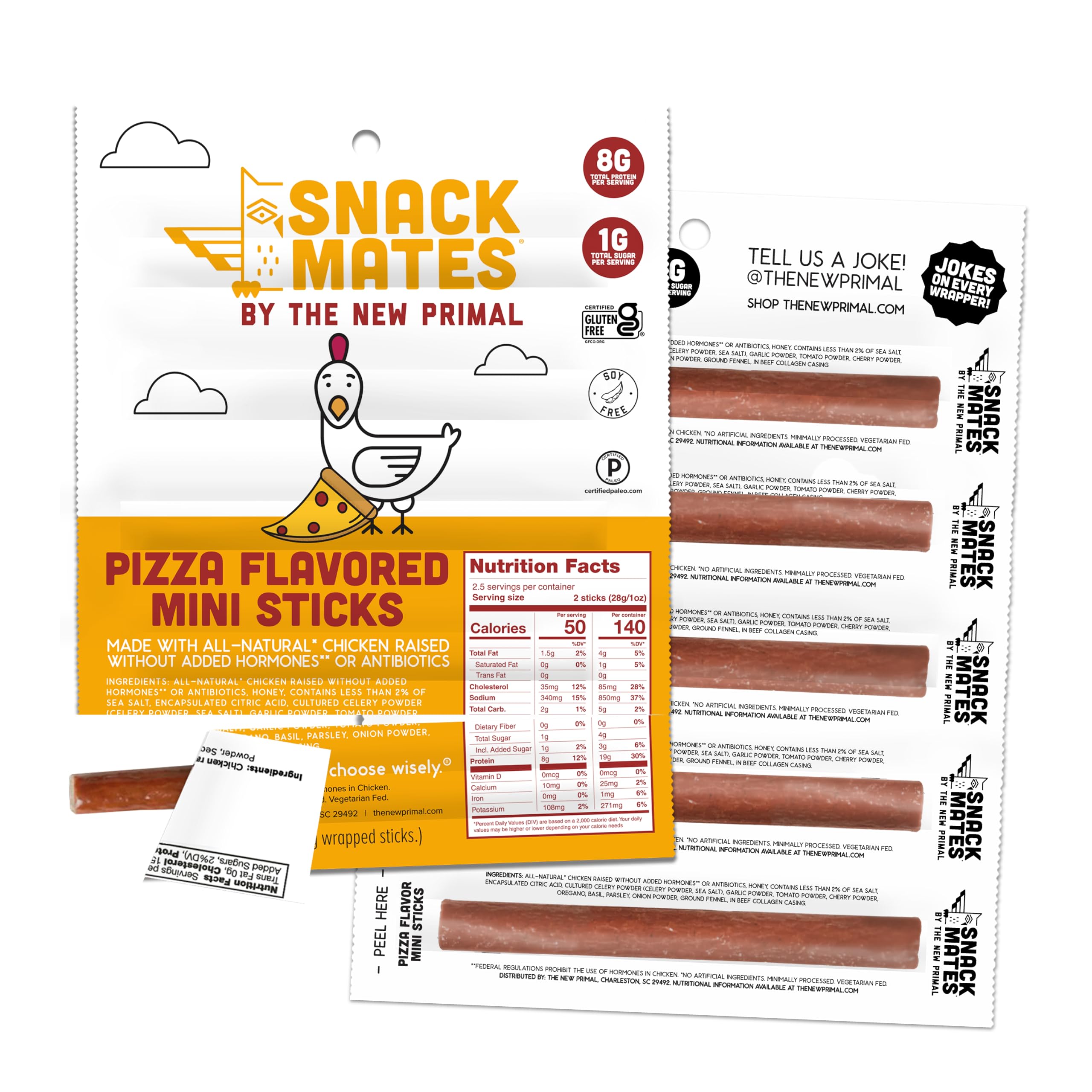 The New Primal Snack Mates Pepperoni Pizza Chicken Sticks packaging ready for lunchboxes