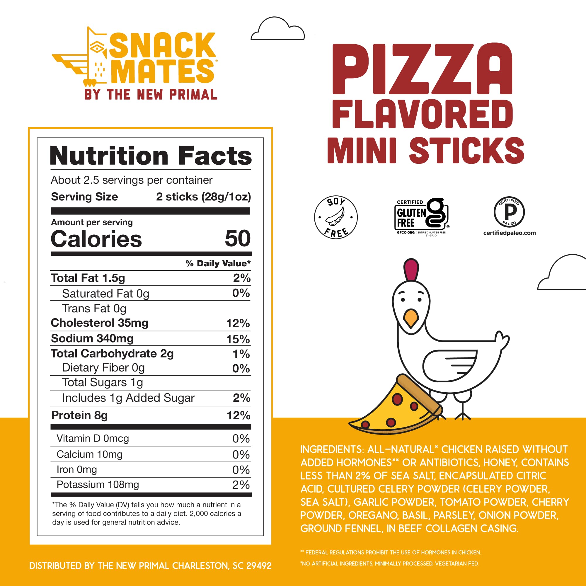 Close-up of The New Primal Pepperoni Pizza Chicken Sticks texture reveals a juicy protein bite