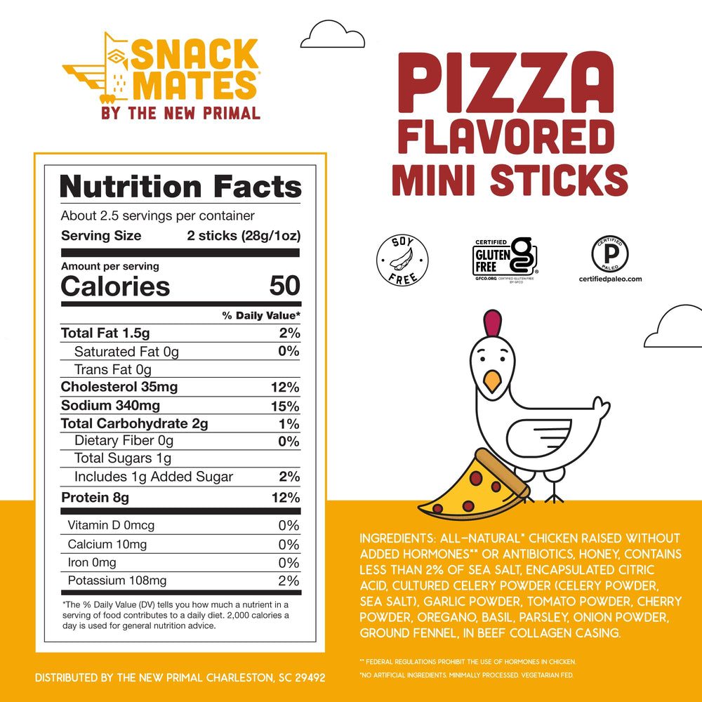 Close-up of The New Primal Pepperoni Pizza Chicken Sticks texture reveals a juicy protein bite