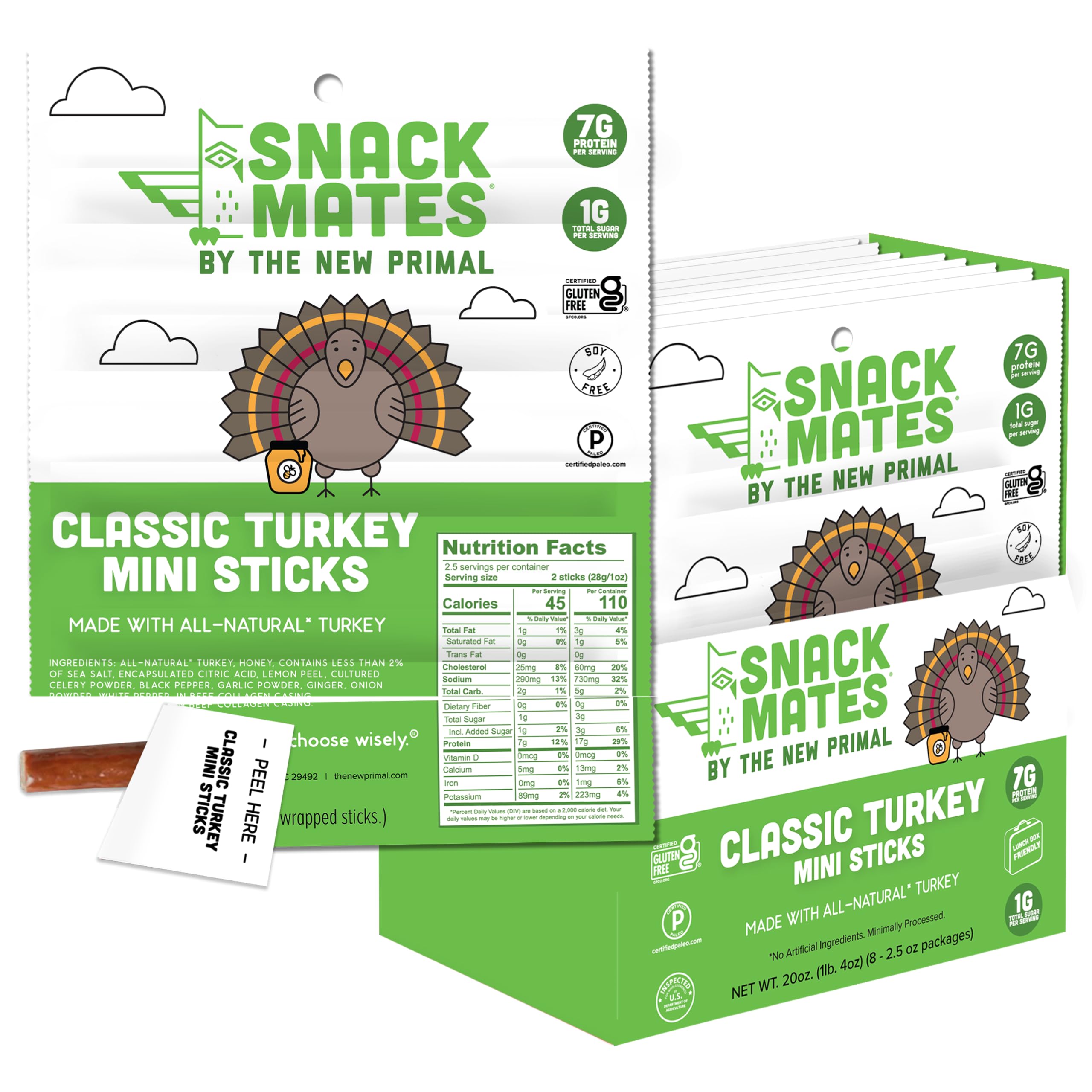 New Primal Snack Mates turkey stick for kids on the go, portable protein snack.