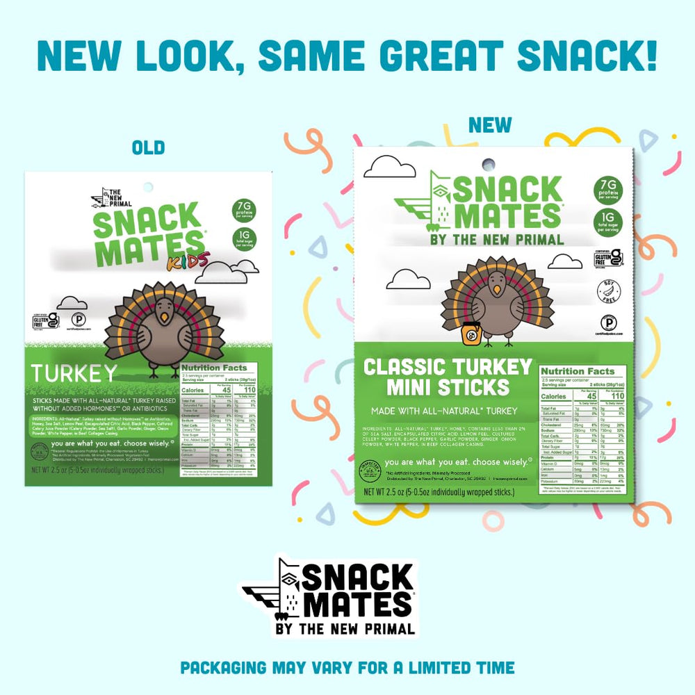 New Primal Snack Mates portion-controlled sticks ideal for school lunches.