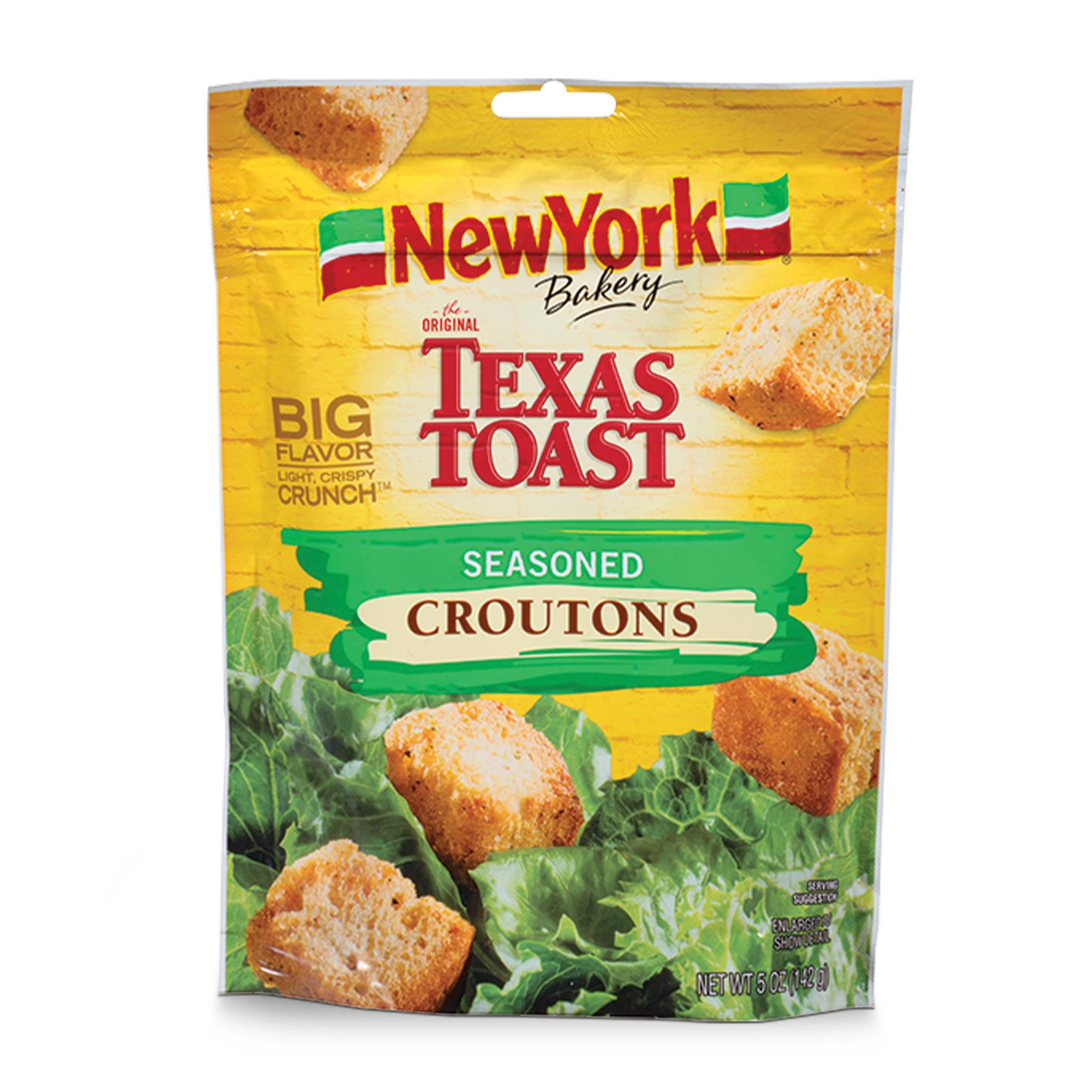 New York Bakery Texas Toast croutons in resealable bag preserve crunch.