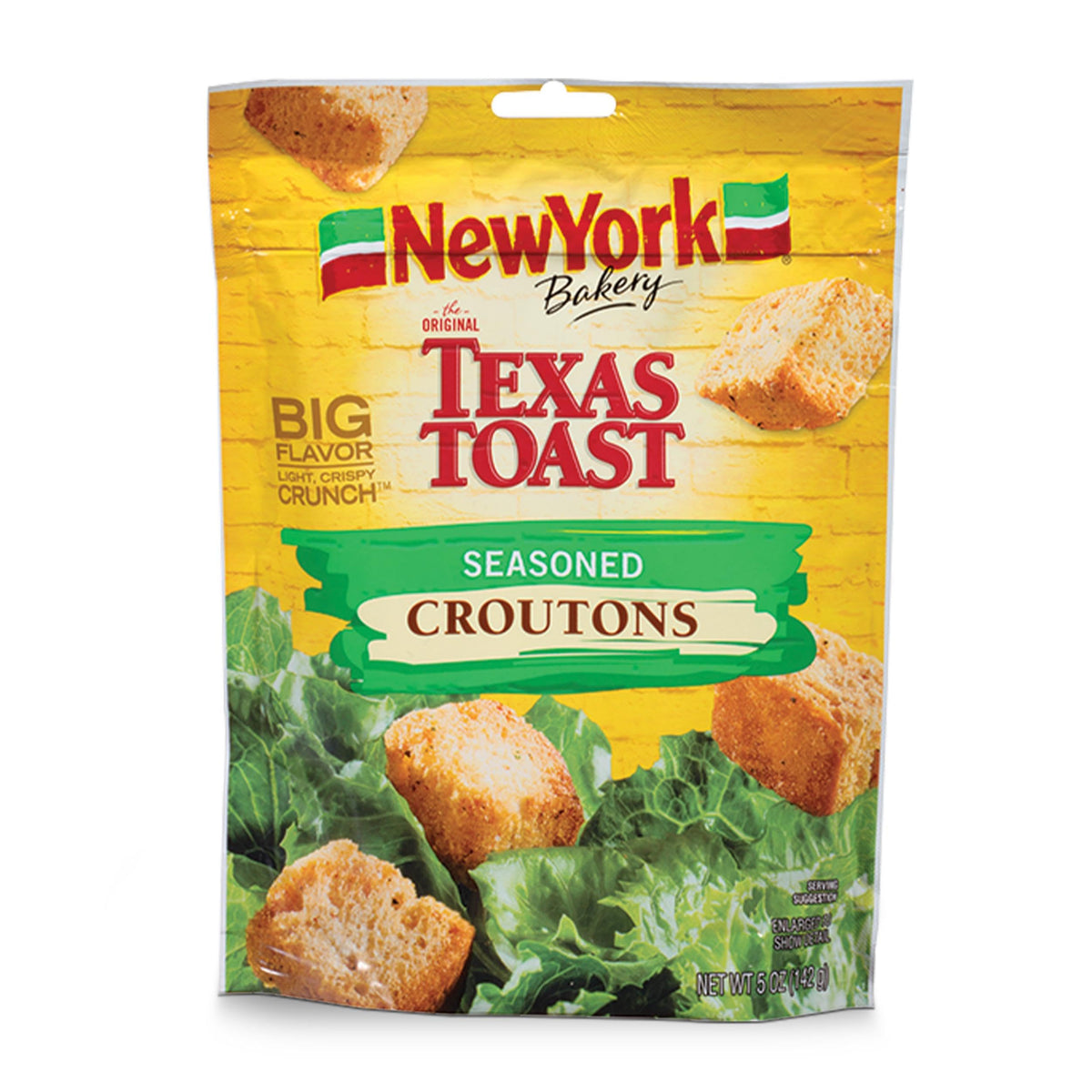 New York Bakery Texas Toast croutons in resealable bag preserve crunch.