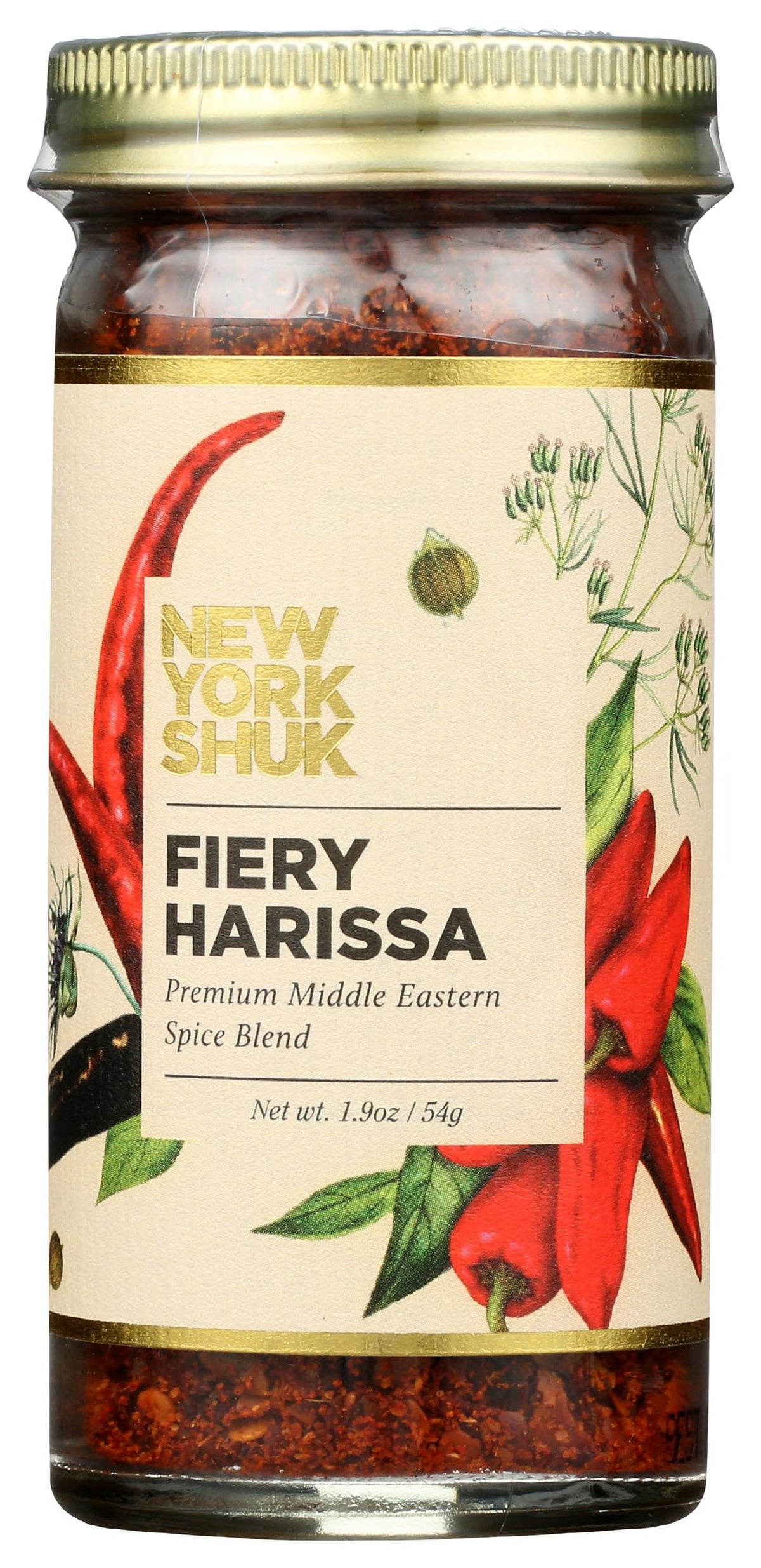 New York Shuk Fiery Harissa jar label highlights premium smoky heat for sauces.