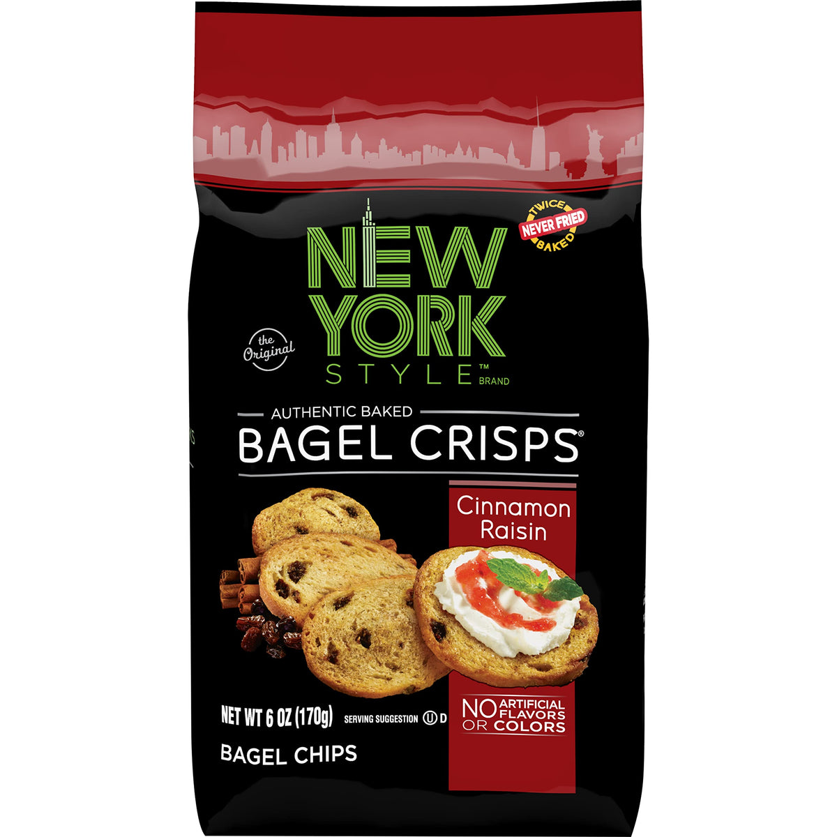 New York Style Bagel Crisps Cinnamon Raisin bag — crunchy, versatile snack for dips.