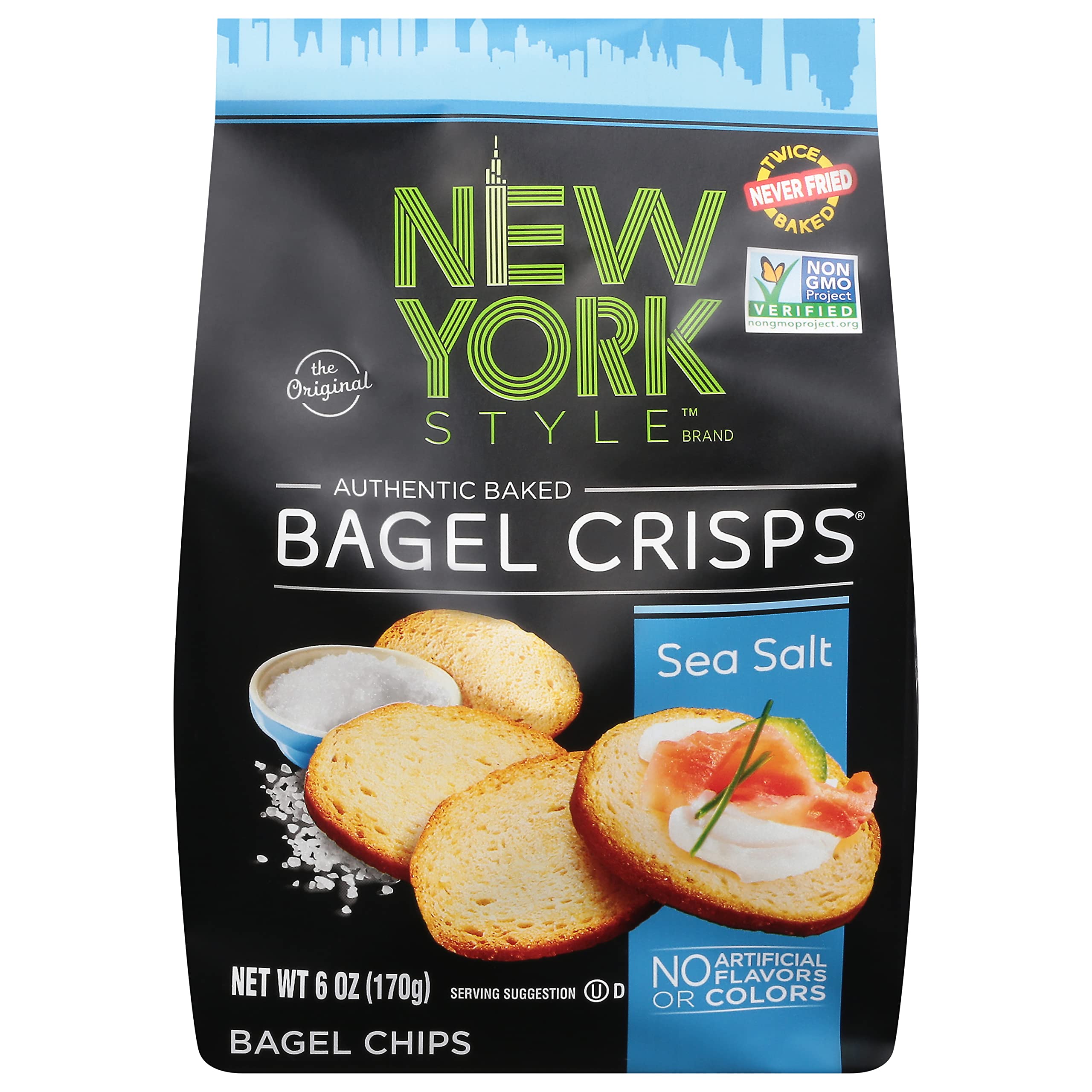 New York Style Bagel Crisps sea salt pack with premium crunch, perfect for dipping.