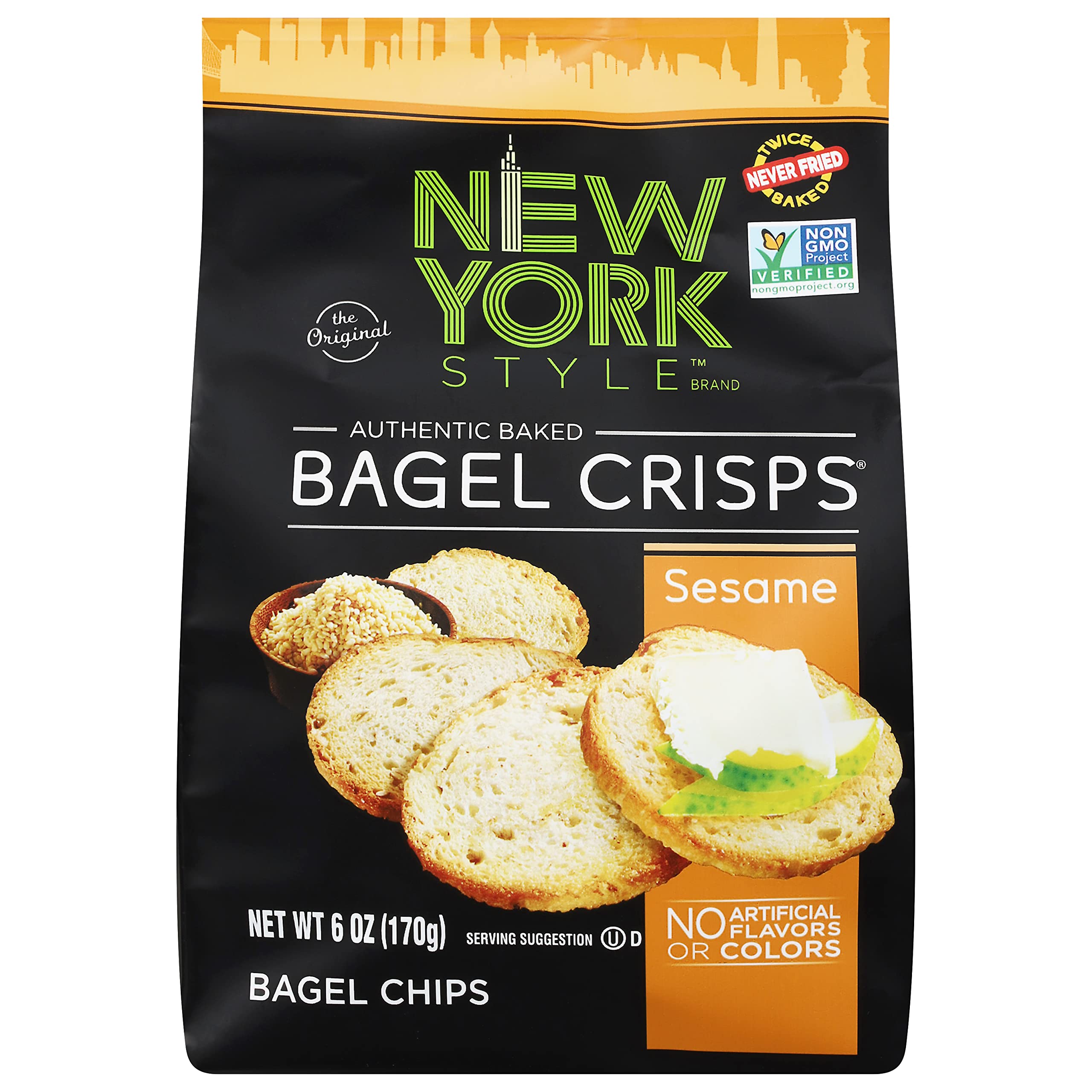 New York Style Bagel Crisps sesame front view, savory snacking crunch for anytime.