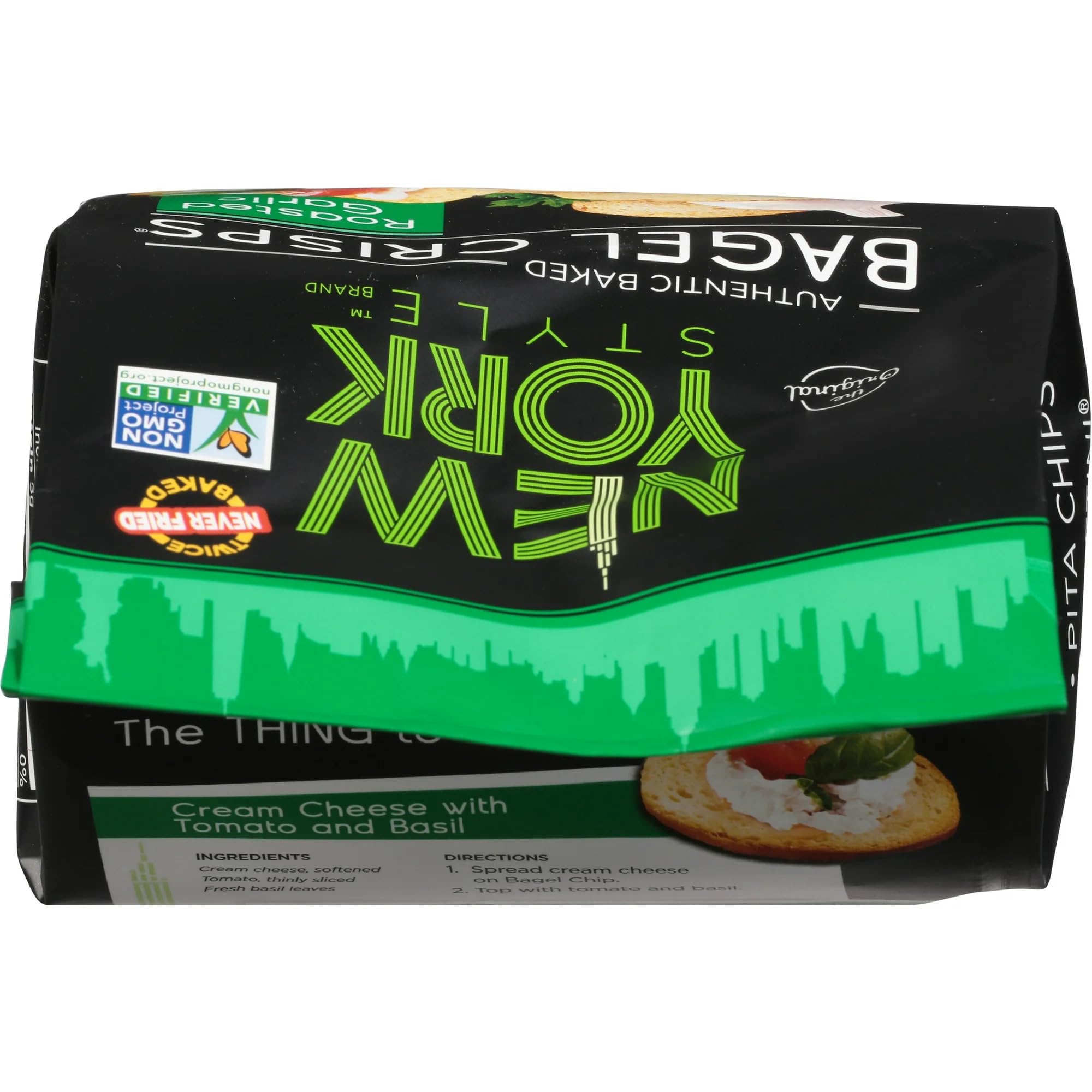 New York Style Garlic Bagel Crisps packets on display, convenient for grab-and-go snacking.