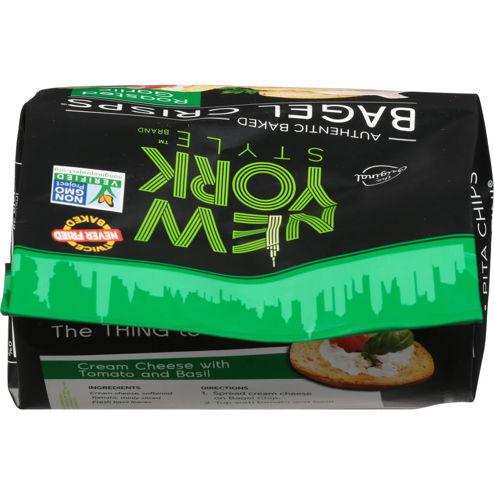 New York Style Garlic Bagel Crisps packets on display, convenient for grab-and-go snacking.