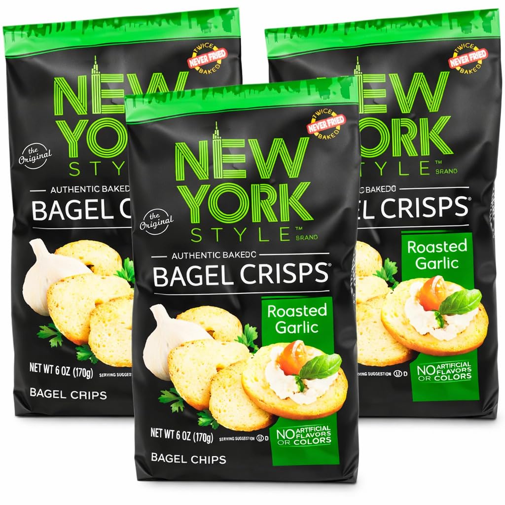 New York Style Garlic Bagel Crisps in resealable pack, perfect for crunchy snacking.