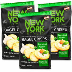New York Style Garlic Bagel Crisps in resealable pack, perfect for crunchy snacking.
