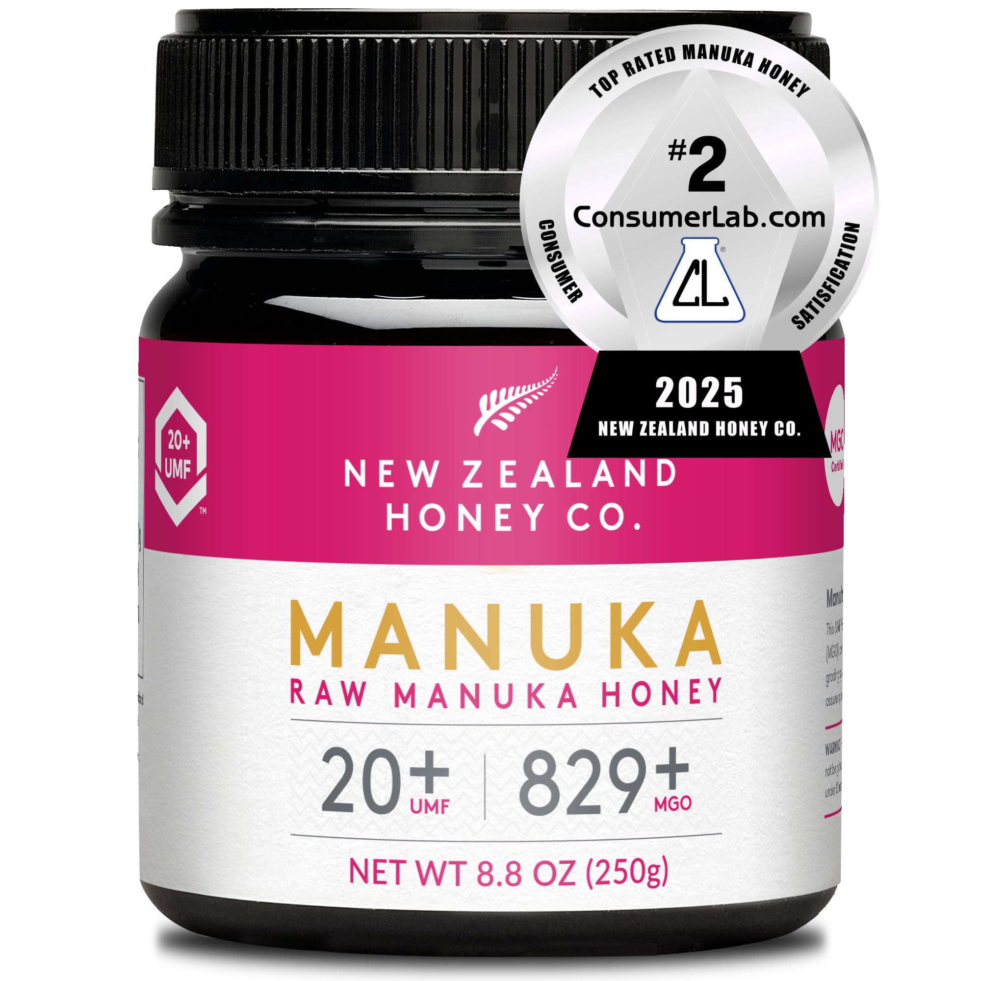 New Zealand Honey Co. Manuka UMF 20+ bottle on countertop, signaling premium quality.