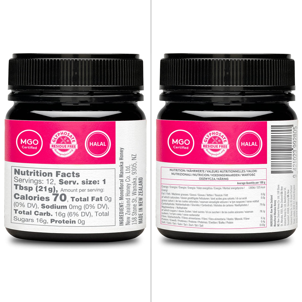 New Zealand Honey Co. Manuka UMF 20+ jar with open lid for everyday use.
