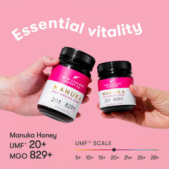 New Zealand Honey Co. Manuka UMF 20+ label close-up showing authenticity and UMF 20+.