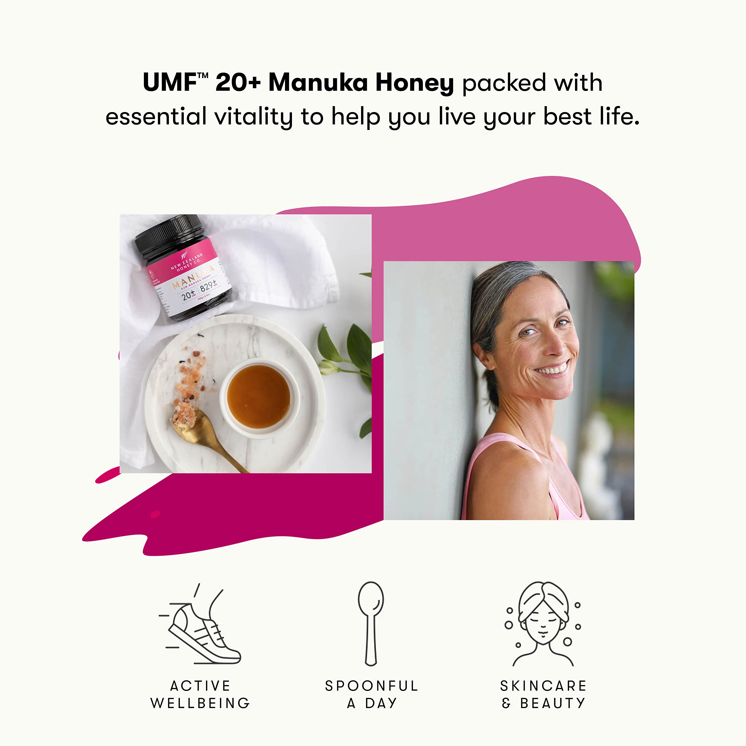 New Zealand Honey Co. Manuka UMF 20+ UMF/MGO badge emphasizing product certification.