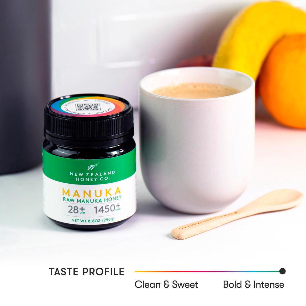 New Zealand Honey Co Manuka honey UMF 28+ closeup glass reveals golden texture.