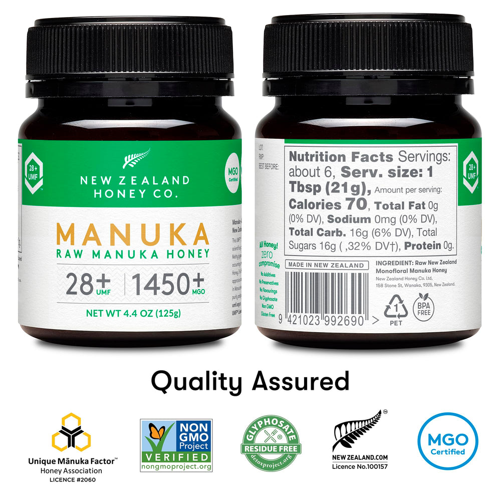 New Zealand Honey Co Manuka honey UMF 28+ jar showcasing creamy texture for everyday flavor.