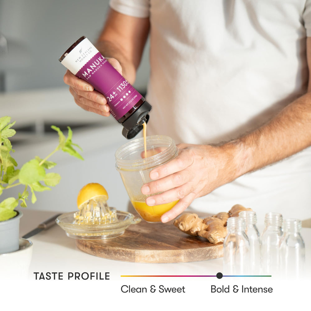 New Zealand Honey Co. Manuka UMF24 squeeze bottle enables precise drizzle.