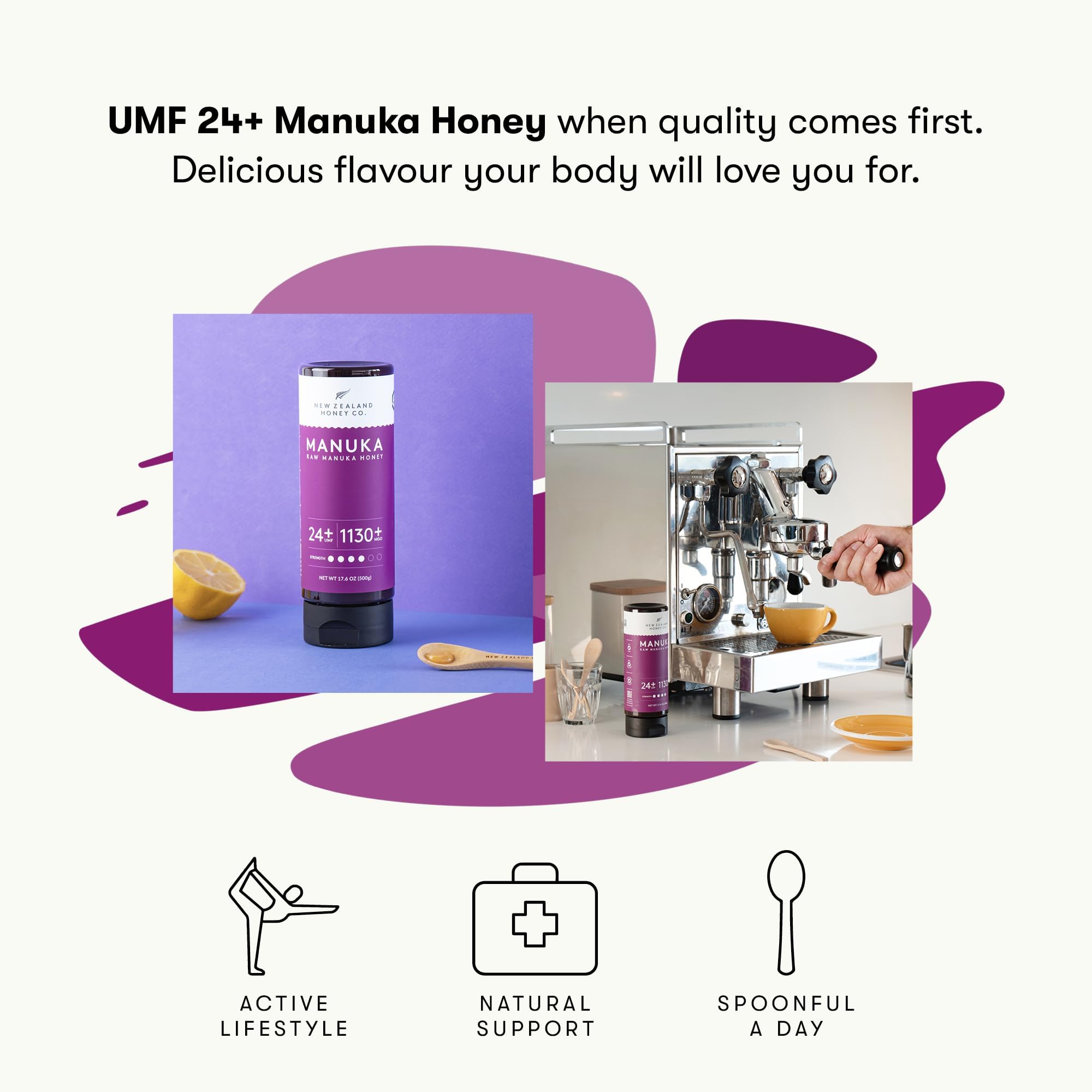 New Zealand Honey Co. Manuka UMF24 in tea adds sweetness.