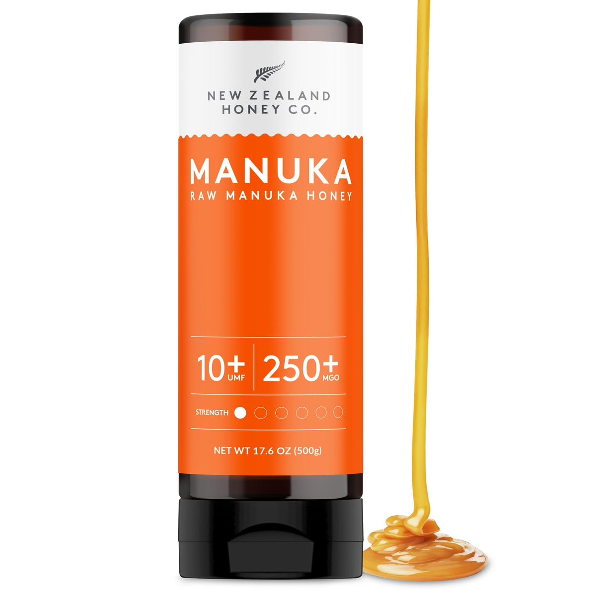 New Zealand Honey Co. squeeze bottle cap close-up showing convenient, pure Manuka honey