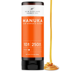 New Zealand Honey Co. squeeze bottle cap close-up showing convenient, pure Manuka honey