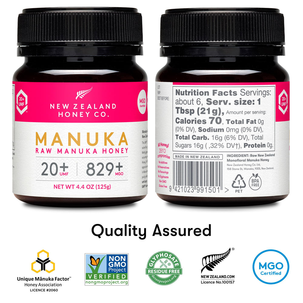 New Zealand Honey Co. Raw Manuka Honey UMF 20+ bottle pour highlights easy drizzle in tea and recipes.