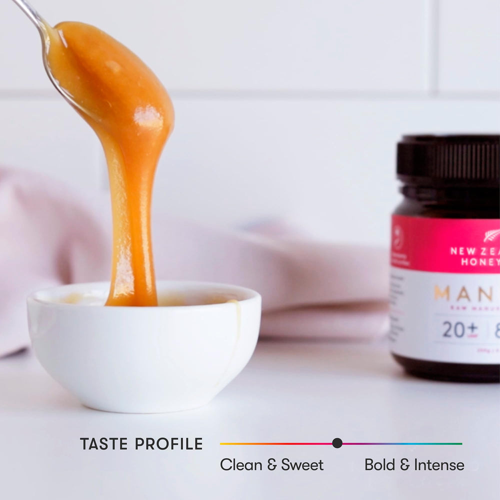 New Zealand Honey Co. Raw Manuka Honey UMF 20+ raw honey swirls on toast.