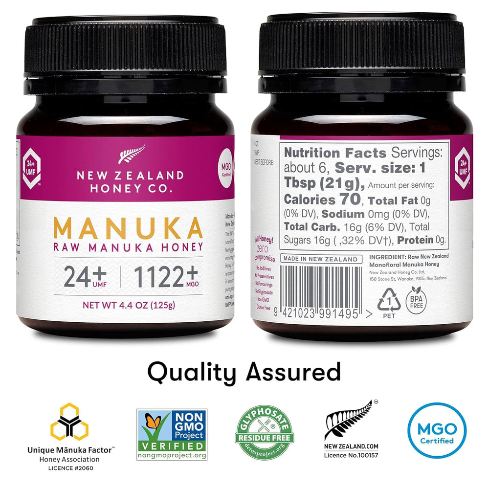 New Zealand Honey Co. Manuka honey UMF 24+ jar close-up reveals rich amber hue.