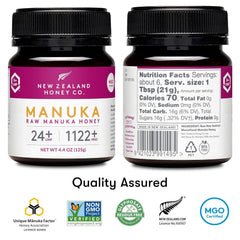 New Zealand Honey Co. Manuka honey UMF 24+ jar close-up reveals rich amber hue.