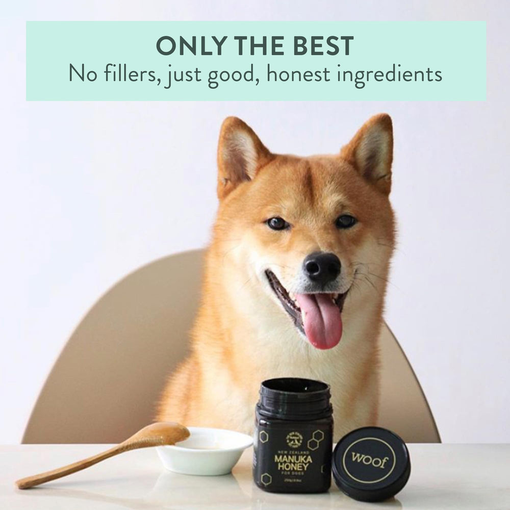 The New Zealand Natural Pet Food Co Woof Manuka Honey dog treats ingredients list shows single-ingredient honey.