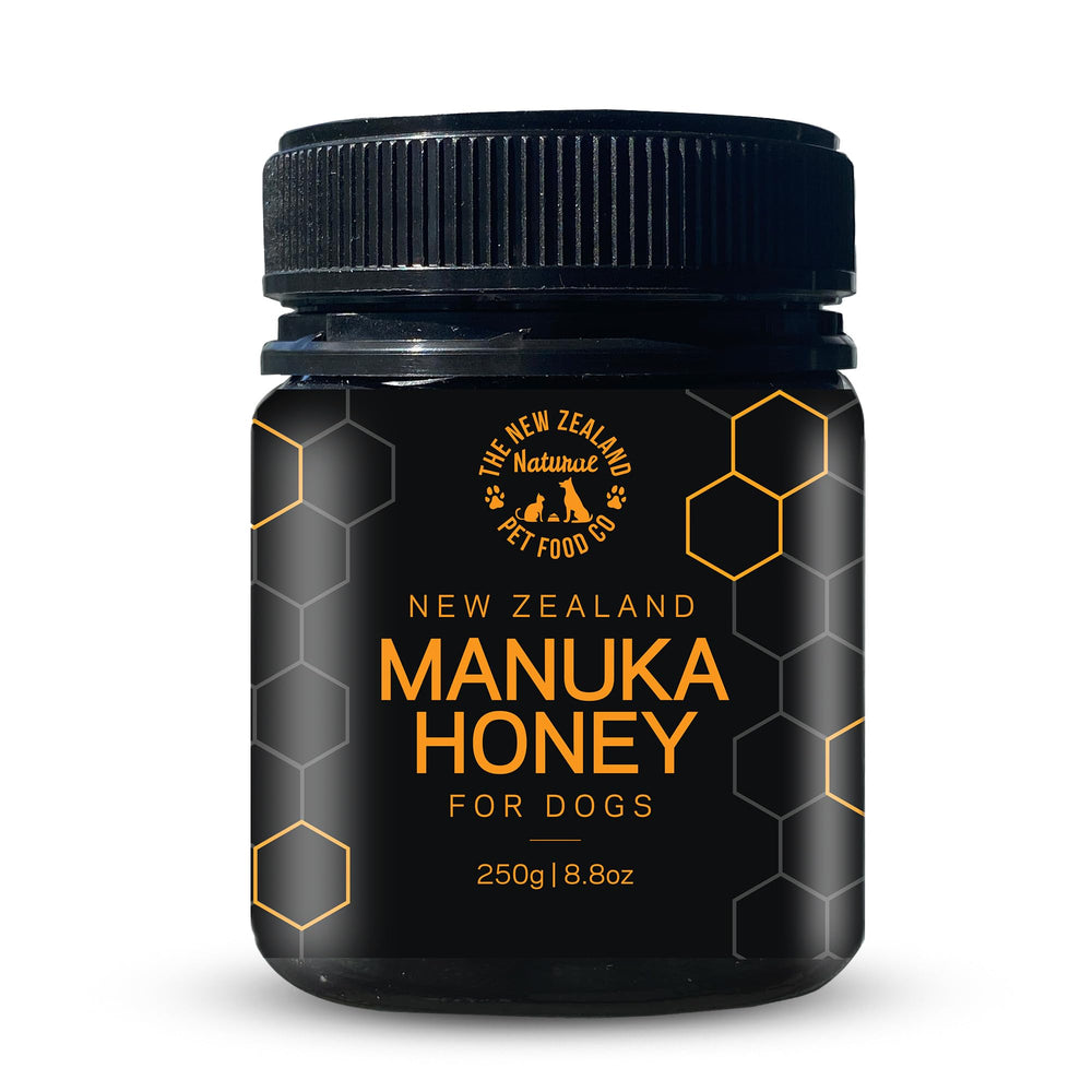 The New Zealand Natural Pet Food Co Woof Manuka Honey dog treats bag — natural, antioxidant-rich.