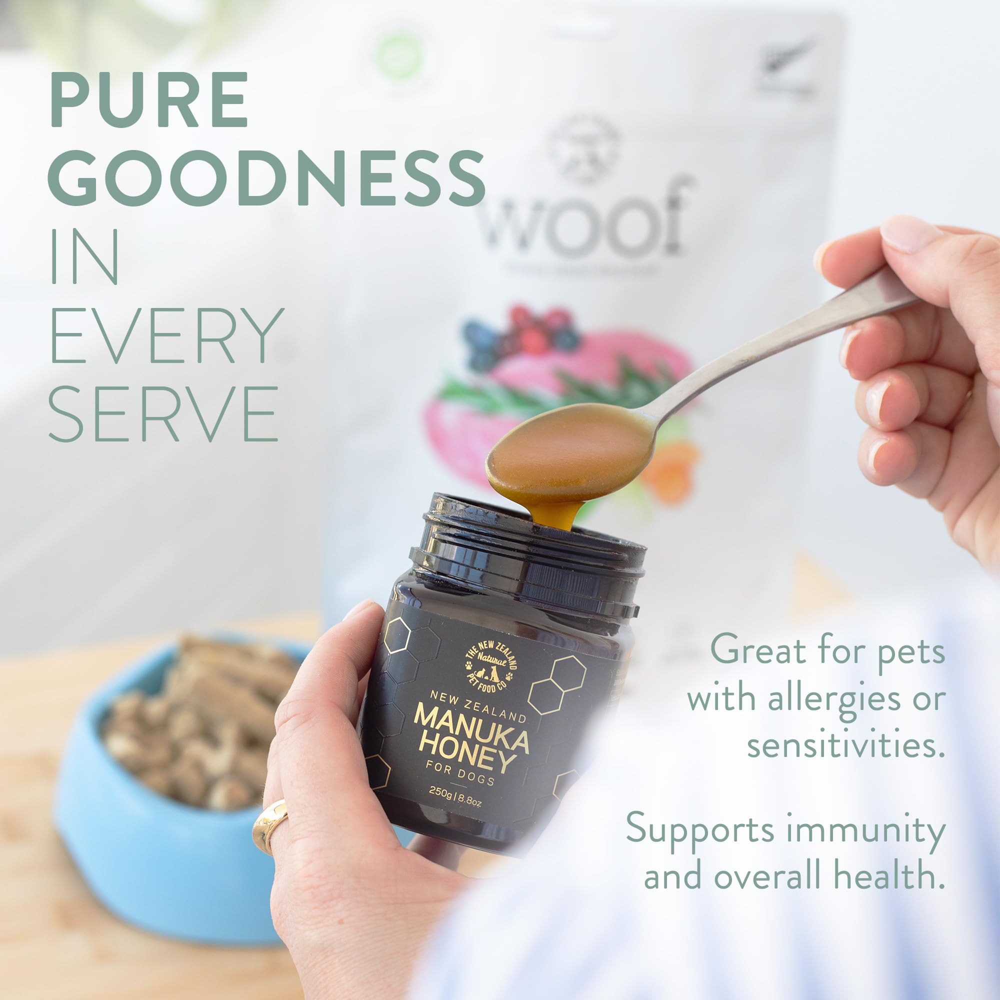 The New Zealand Natural Pet Food Co Woof Manuka Honey dog treats training snacks for tasty rewards.
