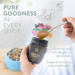 The New Zealand Natural Pet Food Co Woof Manuka Honey dog treats training snacks for tasty rewards.